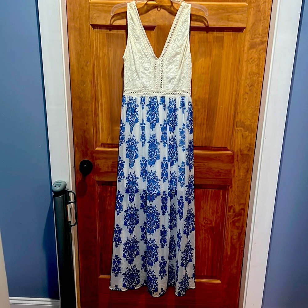 maxi dress with white lace, sleeveless top and long sheer skirt